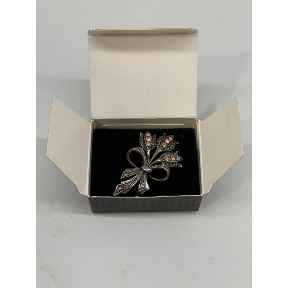 Vintage Avon Pink Tulip Bouquet Brooch Textured Silver Tone